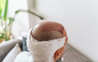 After hair transplantation surgical technique that moves hair follicles. Young bald man in bandage