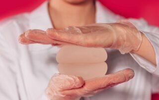 Close-up of a woman hands in transparent gloves holding silicone round breast implants