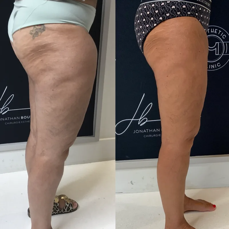 Traitement du lipoed&egrave;me, cas 5 : cuisse de profil, avant / apr&egrave;s